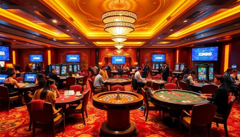 Experience the thrill of XIN88 đăng nhập at a luxurious casino with vibrant gaming elements.