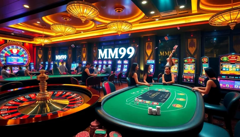 MM99 casino excitement with roulette, poker tables, and digital slot machines.