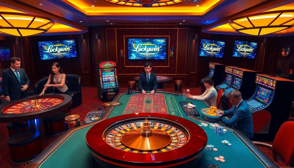 Experience the thrill of luckywin with players engaging in high-stakes poker and vibrant casino visuals.