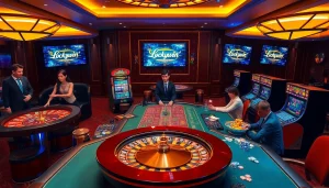 Experience the thrill of luckywin with players engaging in high-stakes poker and vibrant casino visuals.