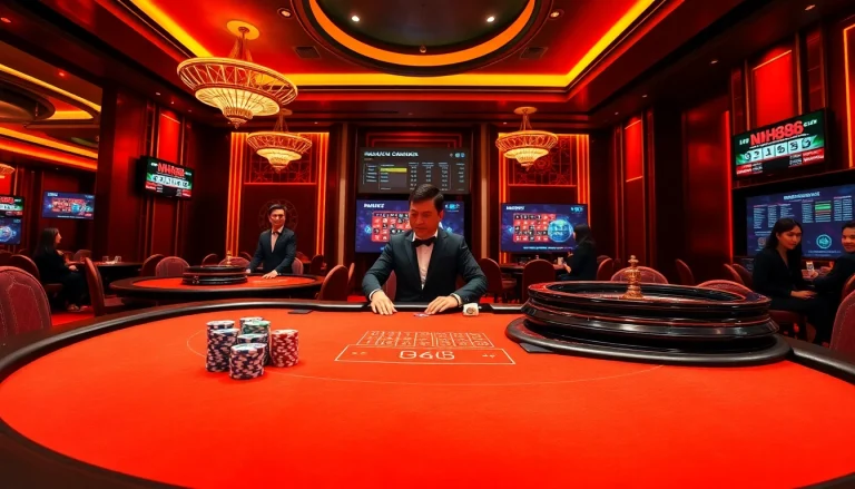 Engaging scene depicting NH88's vibrant online casino environment with roulette and cards.