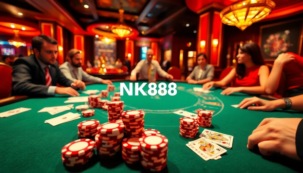 Engaging poker scene showcasing NK88 brand in a luxurious casino atmosphere with vibrant chips and cards.