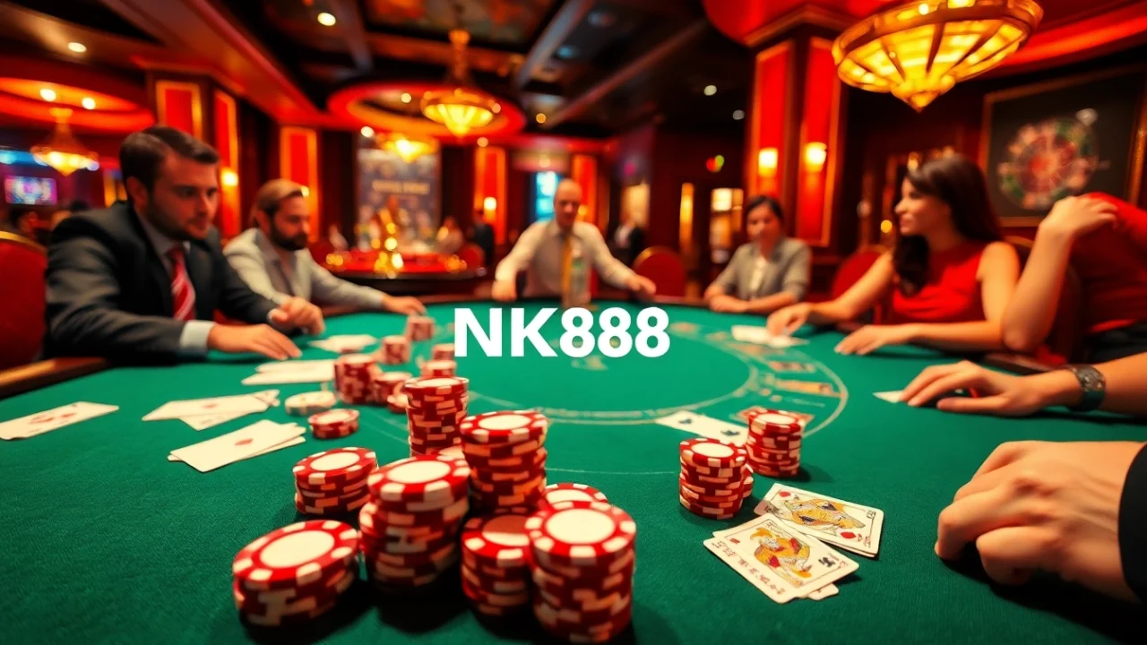 Engaging poker scene showcasing NK88 brand in a luxurious casino atmosphere with vibrant chips and cards.