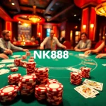 Engaging poker scene showcasing NK88 brand in a luxurious casino atmosphere with vibrant chips and cards.