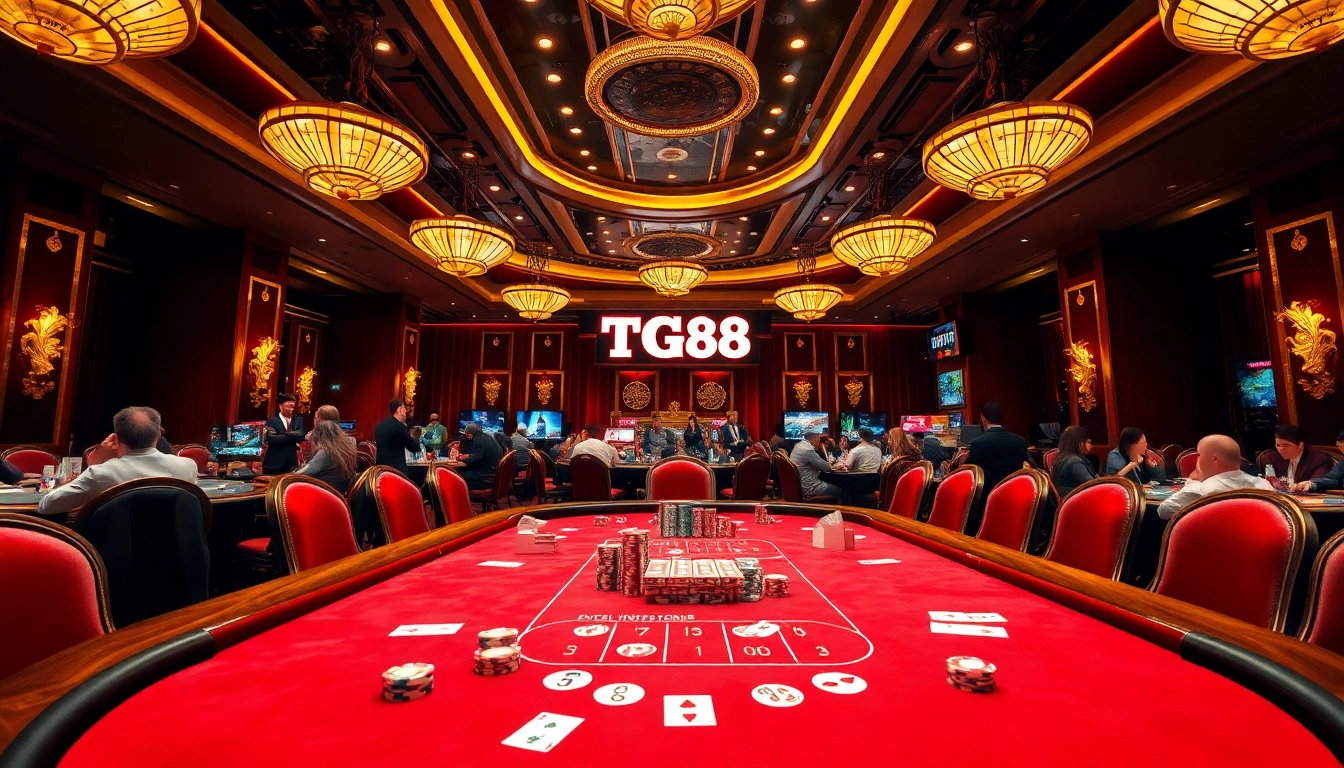 Experience the excitement of TG88 at a luxurious online casino table with vibrant poker chips and players engaged.