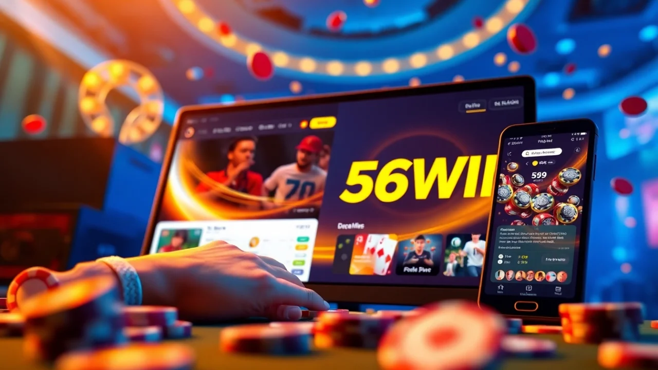 Explore the engaging 56WIN online gambling platform with vibrant colors and user-friendly design, attracting online bettors.