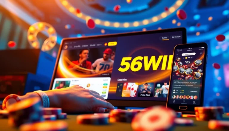 Explore the engaging 56WIN online gambling platform with vibrant colors and user-friendly design, attracting online bettors.