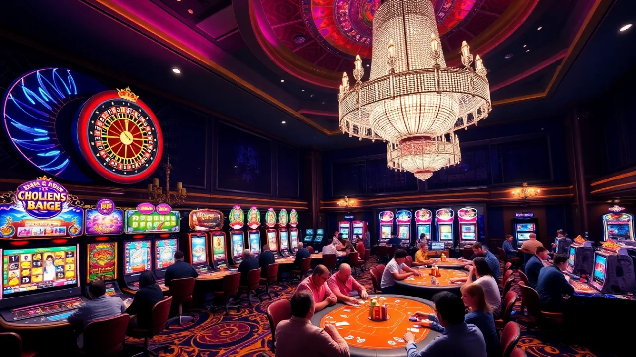 Diverse players enjoying high-stakes gaming at max88 casino, featuring roulette and vibrant slots.