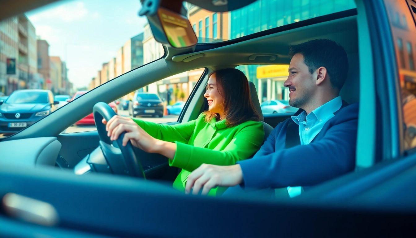 Driving school Leeds with a professional instructor guiding a learner driver through urban streets.