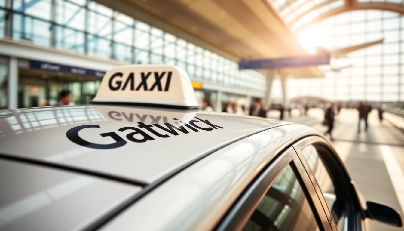 Taxi vehicle featuring the Gatwick logo, representing travel to Gatwick Airport.