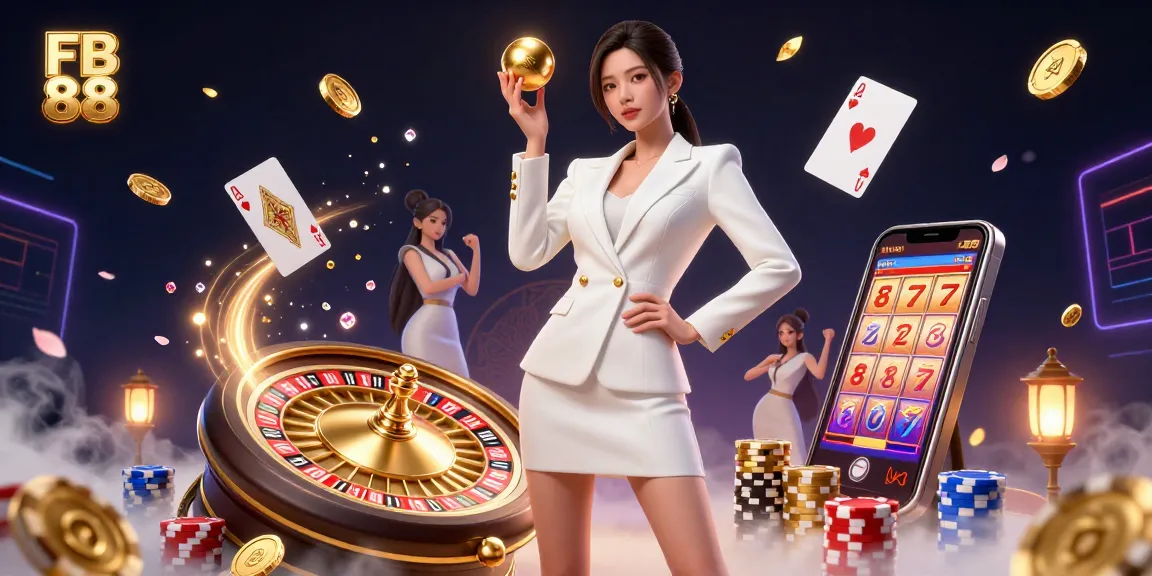 Experience the excitement of FB 88 with a stunning 3D illustration showcasing a confident Asian woman in a casino setting.