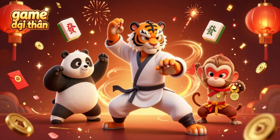 Experience thrilling game đổi thưởng with a kung fu tiger, panda, and monkey celebrating wins amid vibrant casino visuals.