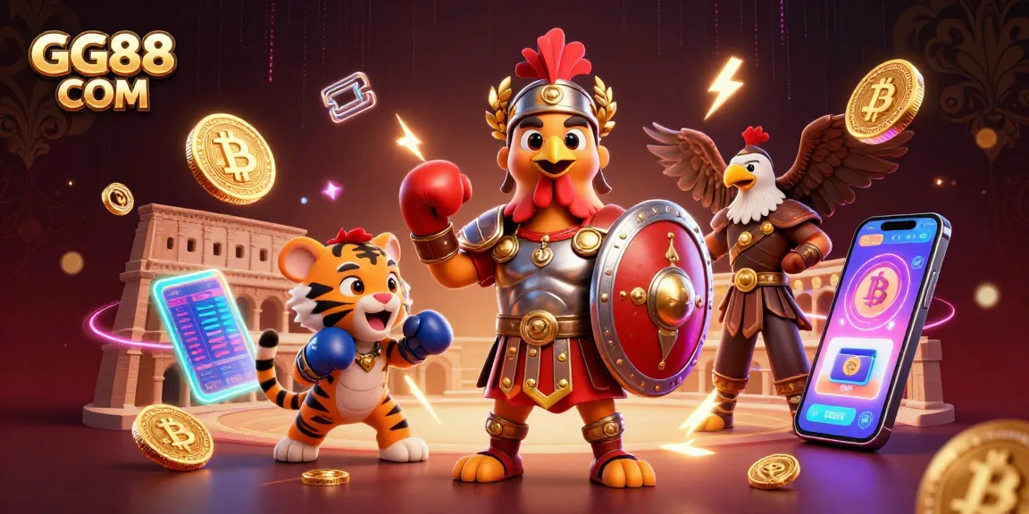 Experience thrilling gameplay at GG88 COM with a dynamic illustration showcasing casino excitement and crypto elements.