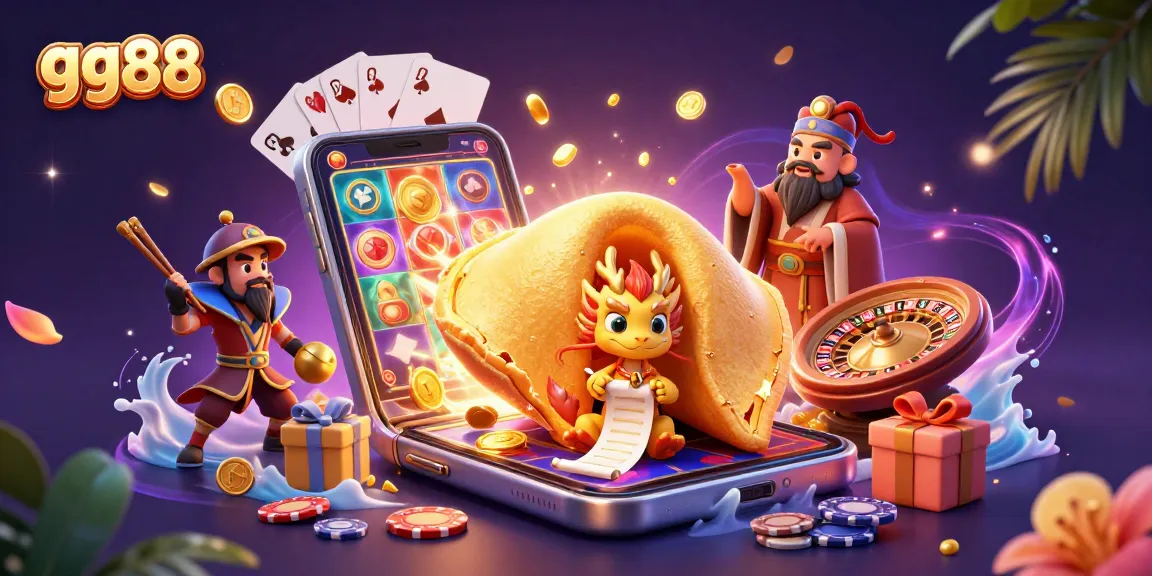 Engage with the 3D jackpot adventure at gg88, featuring a golden fortune cookie and dynamic casino elements.