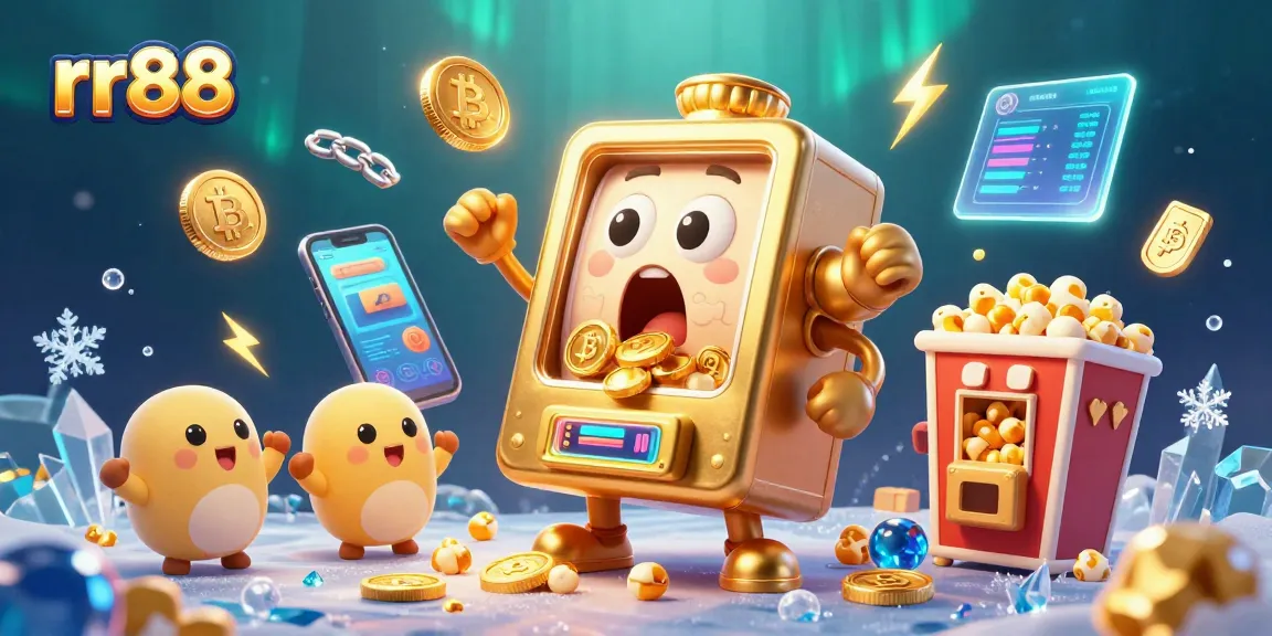 Catch the excitement at rr88 as a golden slot machine hits the jackpot amidst cheering baby slots and crypto tokens.