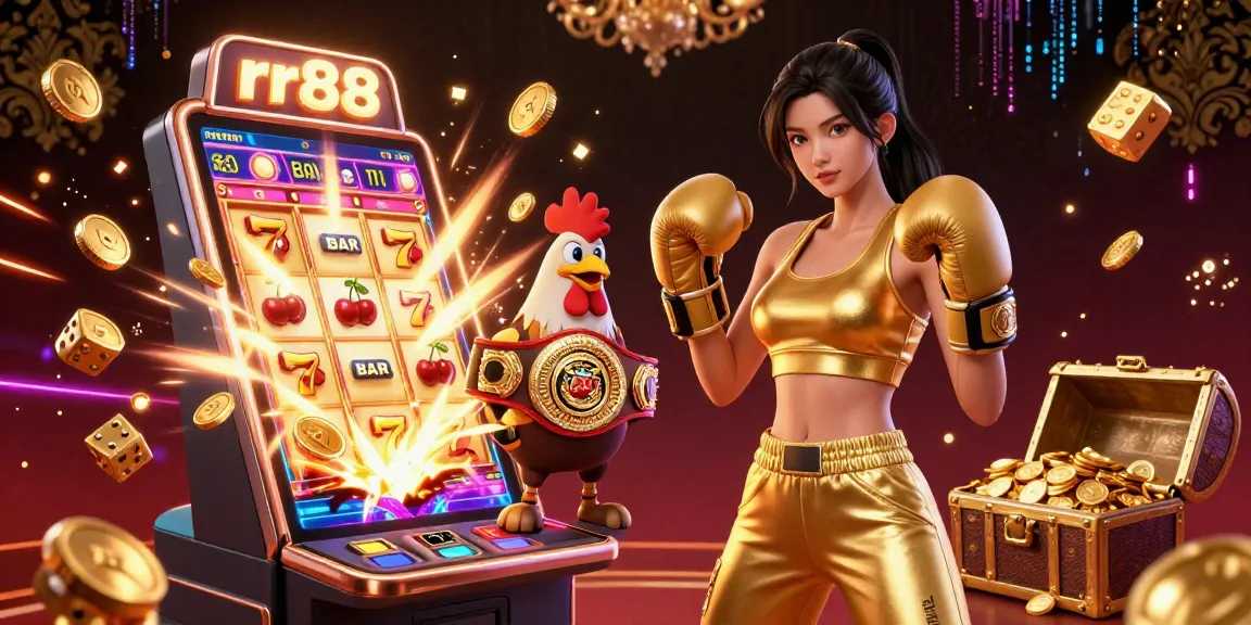 Experience thrilling gameplay at rr88 with a stunning digital illustration of an athletic woman and a champion rooster celebrating casino success.
