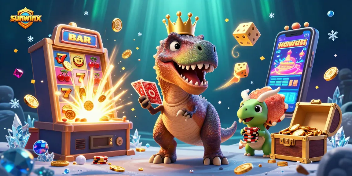 Experience the excitement of sunwinx with friendly dinosaur characters at a vibrant casino scene.