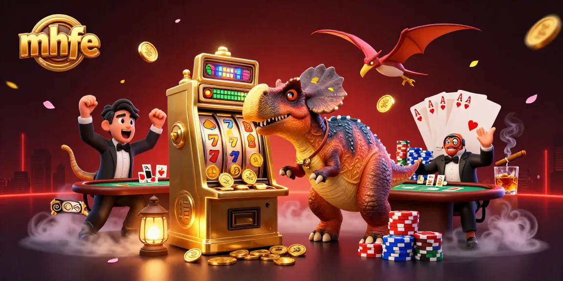 mhfe logo shines as a pachycephalosaurus wins coins at a golden slot machine in a vibrant casino scene.