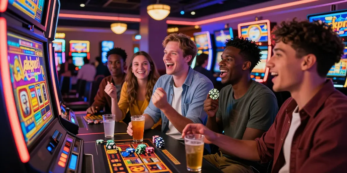 Friends enjoying a lively gaming experience at SLOT88 casino with vibrant slot machines.