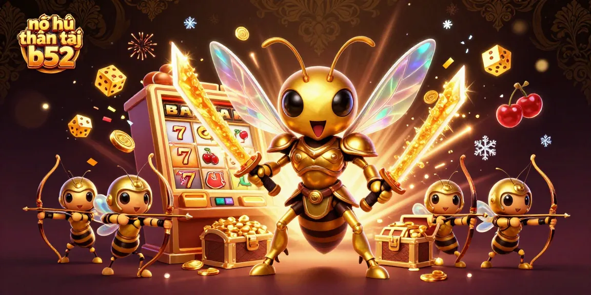 Nổ hũ thần tài b52 showcases a dynamic scene with a golden hornet in samurai armor and bee archers around a bursting jackpot slot machine.