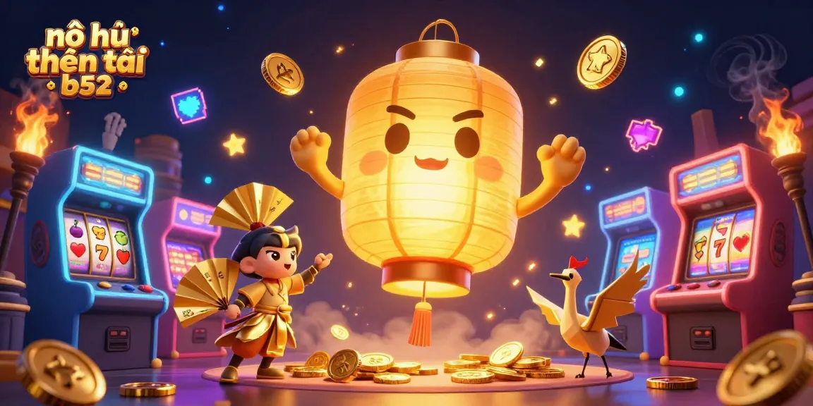 Engage in nổ hũ thần tài b52 with vibrant casino visuals featuring golden symbols and arcade game elements.