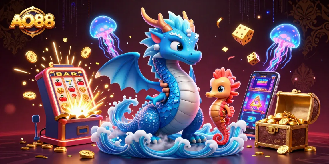 Experience the excitement with AO88, where vibrant dragons and slot machines collide in this dynamic casino scene.